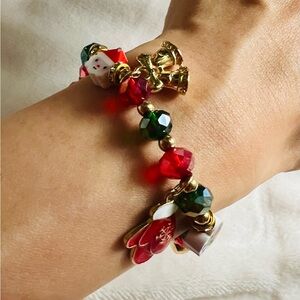 Festive Christmas Holiday Charm Bracelet in Gold tone metal and Red Green Beads